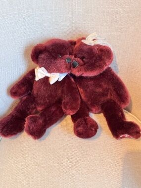 Pair of Burgundy Plush Teddy Bears with Bow and Veil